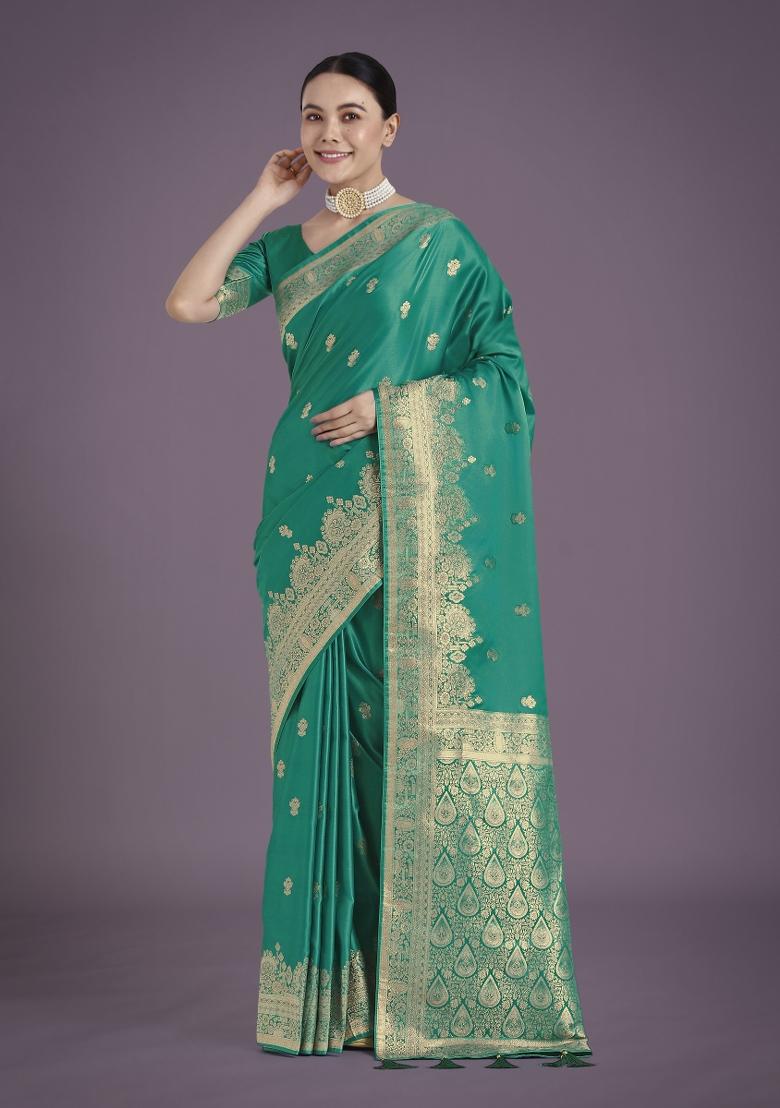 Turquoise Zari Embroidered Silk Saree Set