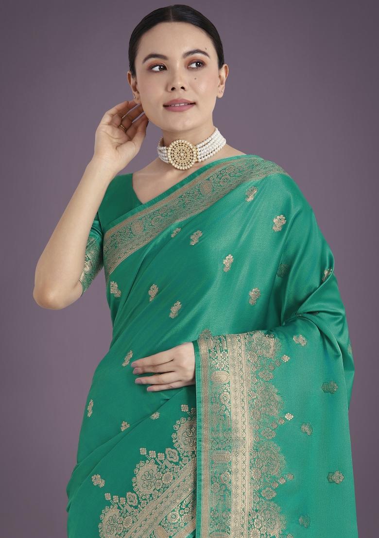 Turquoise Zari Embroidered Silk Saree Set