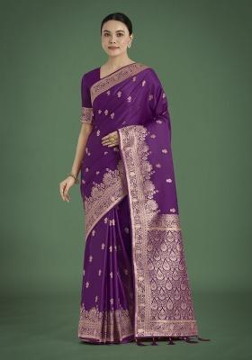 Purple Zari Embroidered Silk Saree Set