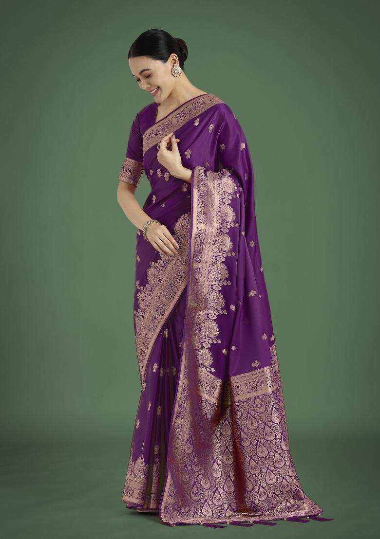 Purple Zari Embroidered Silk Saree Set