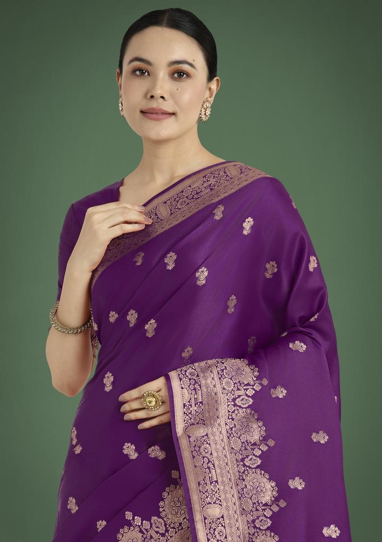 Purple Zari Embroidered Silk Saree Set