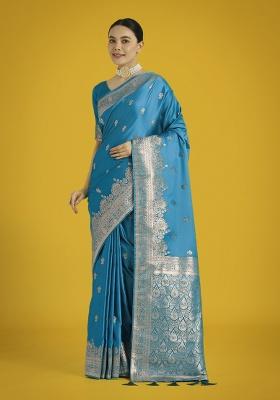 Cyan Zari Embroidered Silk Saree Set