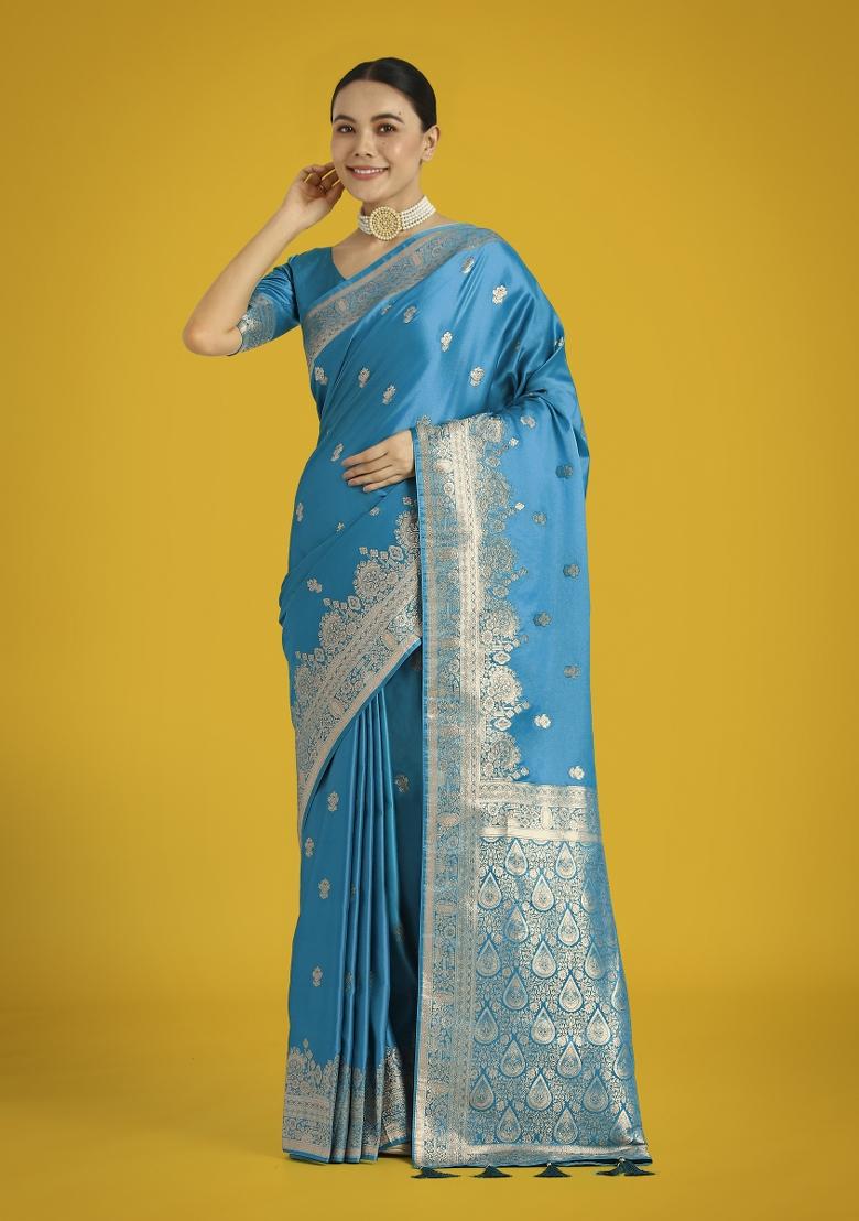 Cyan Zari Embroidered Silk Saree Set