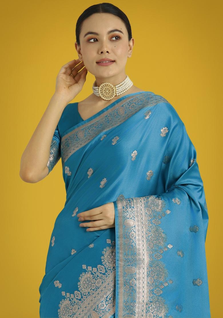 Cyan Zari Embroidered Silk Saree Set