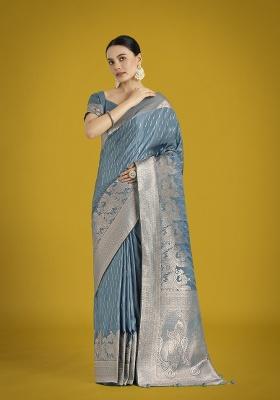 &nbsp;Light Cyan Zari Embroidered Silk Saree Set