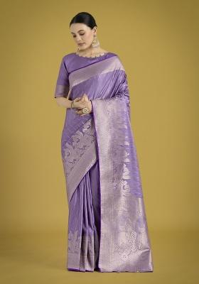 Lavender Zari Embroidered Silk Saree Set