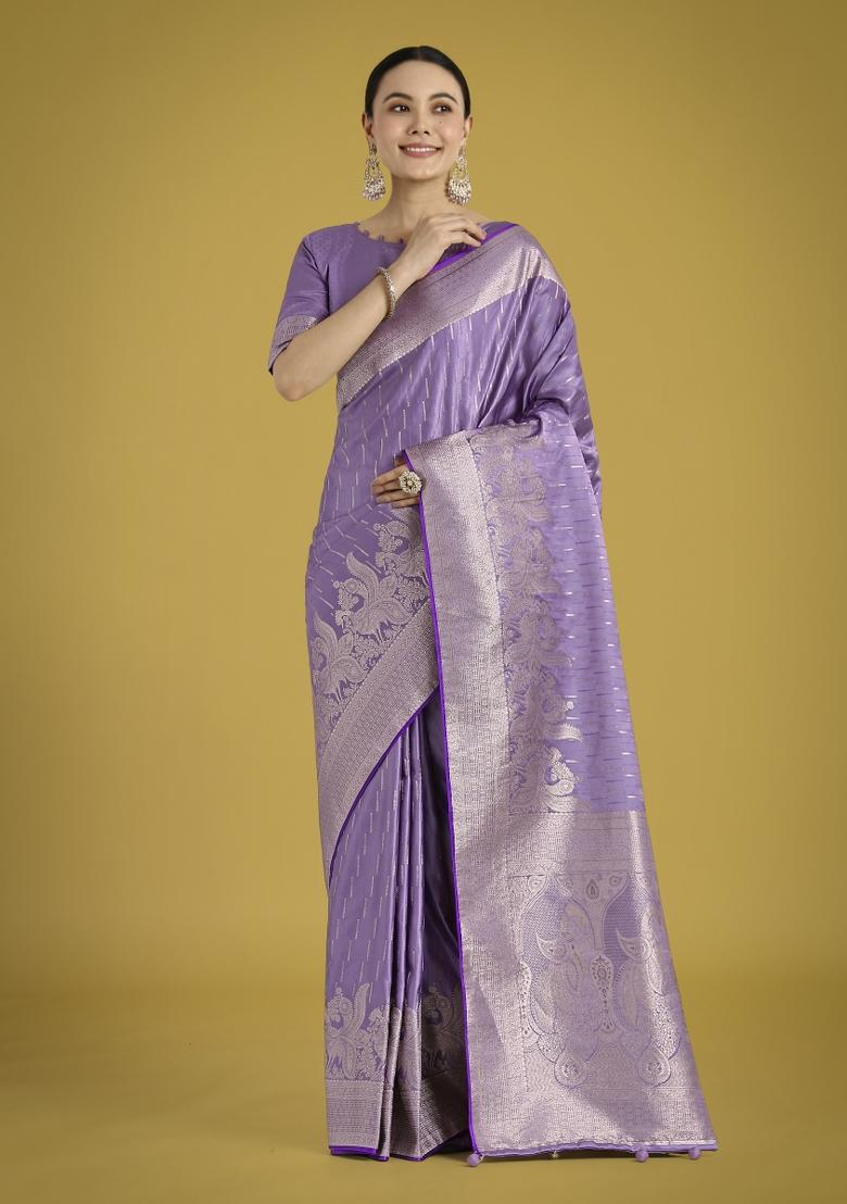 Lavender Zari Embroidered Silk Saree Set