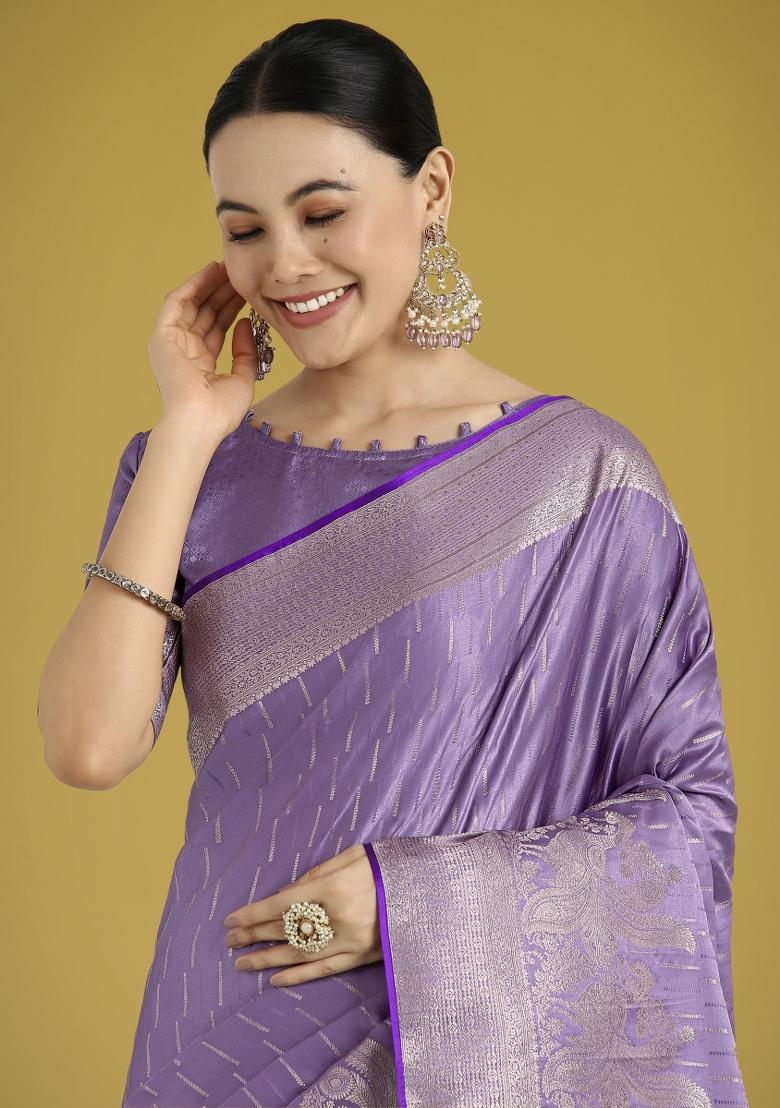 Lavender Zari Embroidered Silk Saree Set