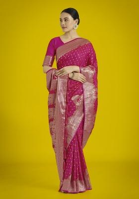Rani Pink Zari Embroidered Silk Saree Set