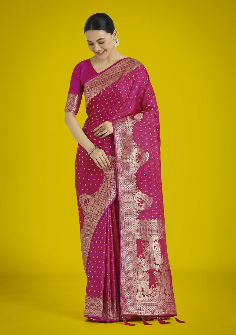 Rani Pink Zari Embroidered Silk Saree Set
