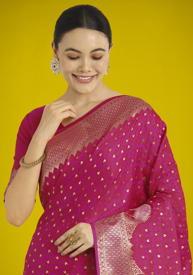 Rani Pink Zari Embroidered Silk Saree Set