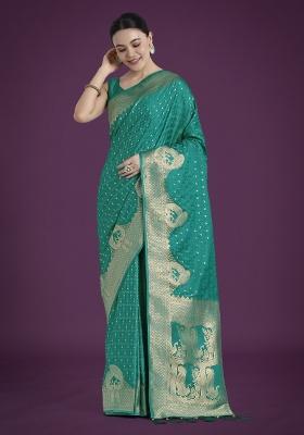Turquoise Zari Embroidered Silk Saree Set