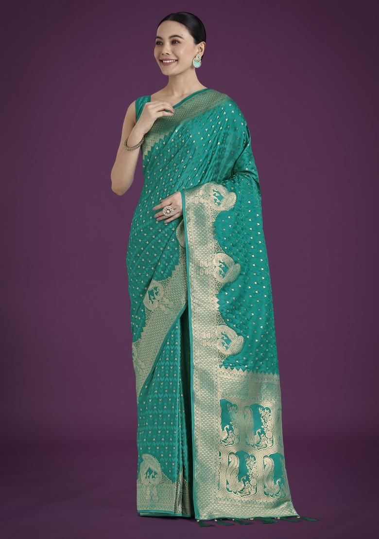 Turquoise Zari Embroidered Silk Saree Set