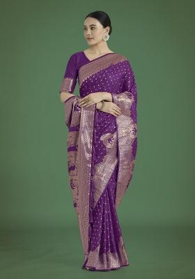 Purple Zari Embroidered Silk Saree Set