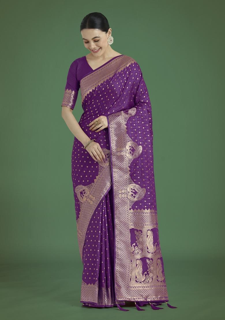 Purple Zari Embroidered Silk Saree Set