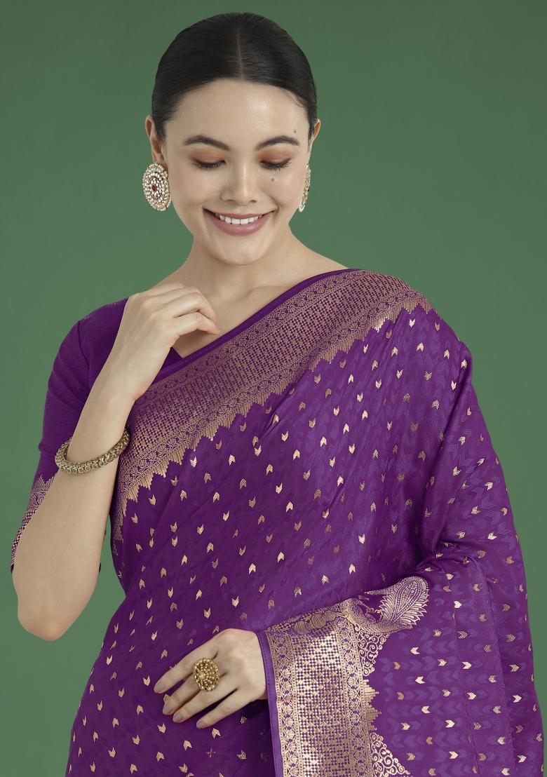 Purple Zari Embroidered Silk Saree Set