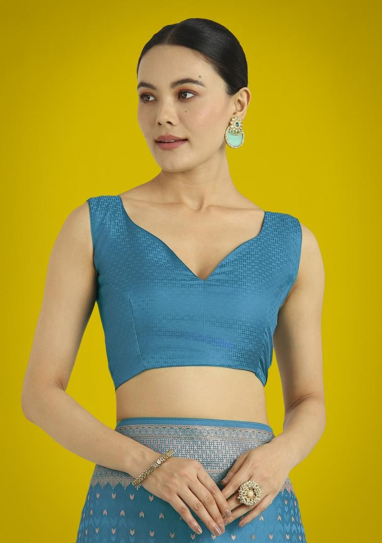 Cyan Zari Embroidered Silk Saree Set