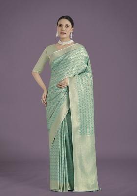 Light Sky Blue Zari Embroidered Silk Saree Set