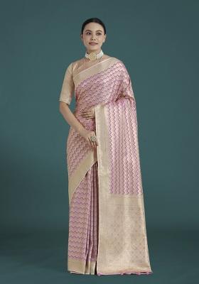 &nbsp;Light Lilac Zari Embroidered Silk Saree Set