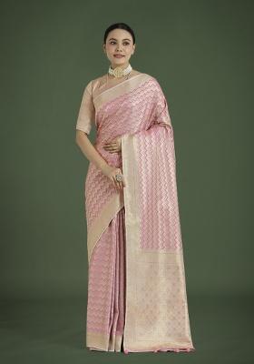 &nbsp;Light Pink Zari Embroidered Silk Saree Set
