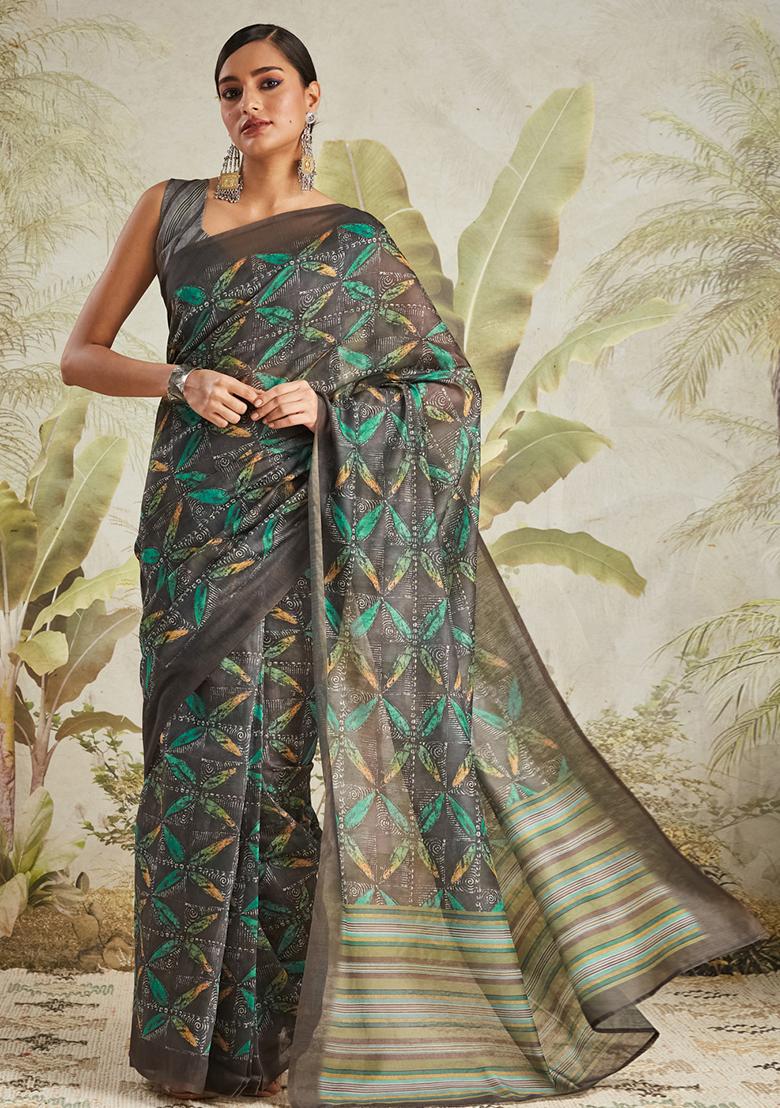 Olive Floral Cotton Saree Set