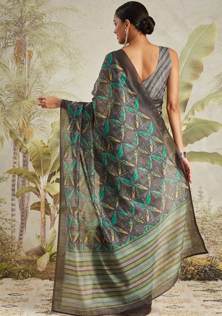 Olive Floral Cotton Saree Set