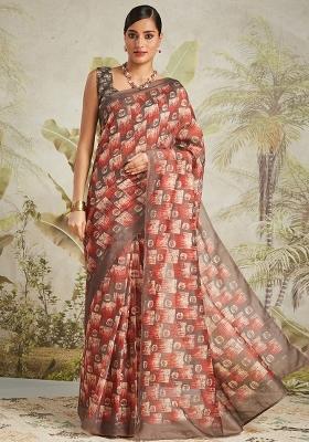 D.Brown Abstract Cotton Saree Set