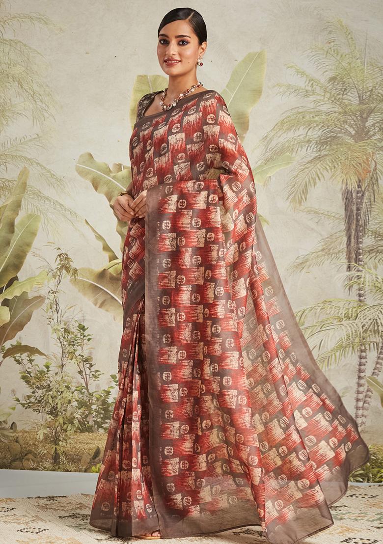 D.Brown Abstract Cotton Saree Set