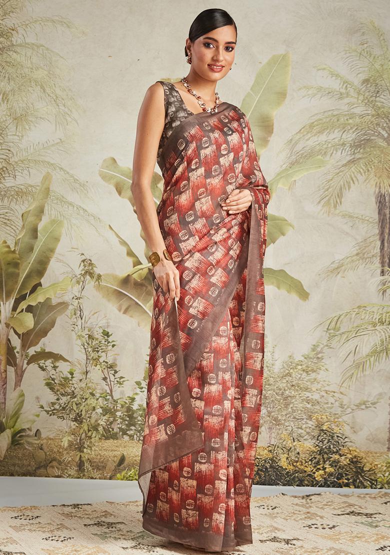 D.Brown Abstract Cotton Saree Set