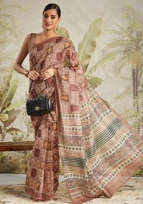 Brown Printed Cotton Saree Set