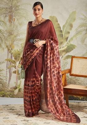 Maroon Embroidered Cotton Saree Set