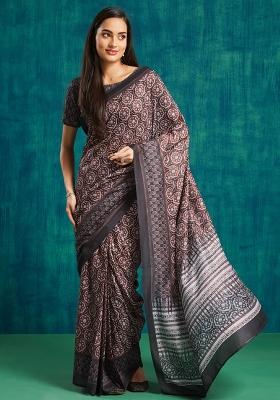 Black Printed Muslin Saree Set
