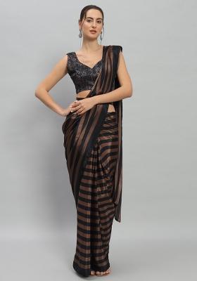 Brown Striped Satin Saree Set