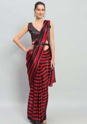Red Striped Satin Saree Set