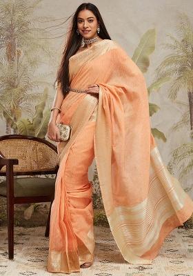 Peach Solid Cotton Saree Set