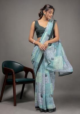 Pista Green Printed Georgette Saree Set
