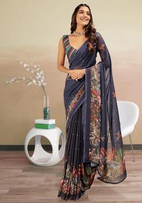 Navy Blue Floral Georgette Saree Set