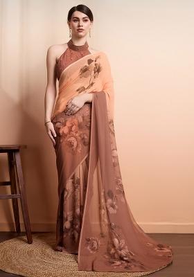 Brown Floral Georgette Saree Set