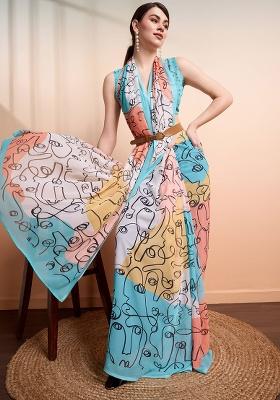 Multi Abstract Georgette Saree Set
