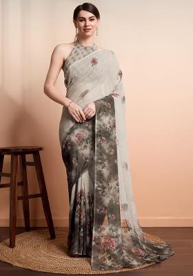 Silver Floral Georgette Saree Set