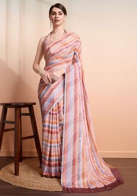 Peach Stripes Georgette Saree Set