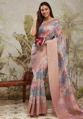 Multicolor Floral Print Jaquard Saree Set