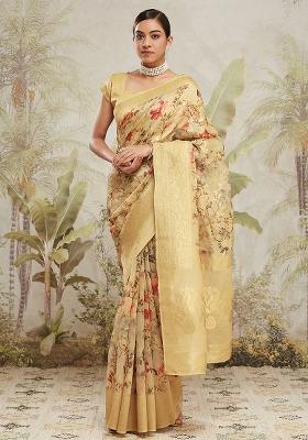 Yellow Floral Print Jaquard Saree Set