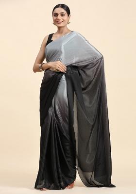 Grey Solid Satin Saree Set