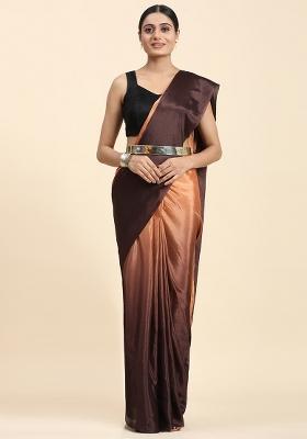 Brown Solid Satin Saree Set