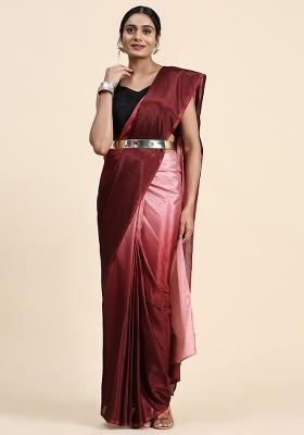 Maroon Solid Satin Saree Set