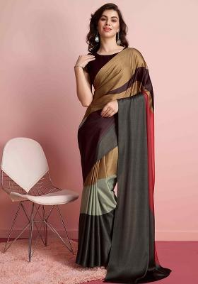 Brown Printed Satin Saree Set