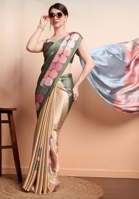 Green Printed Satin Saree Set