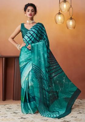 Bluish Green Printed Satin Saree Set