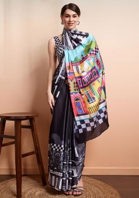 Black Printed Satin Saree Set